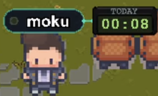 アバターの頭上に 名前 pill と TODAY タイマーが並ぶ in-game 表示